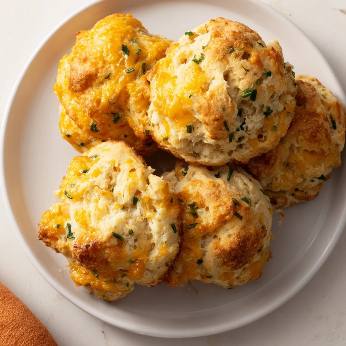 Golden cheddar and chive scones fresh from the oven, offering a flaky, buttery texture.