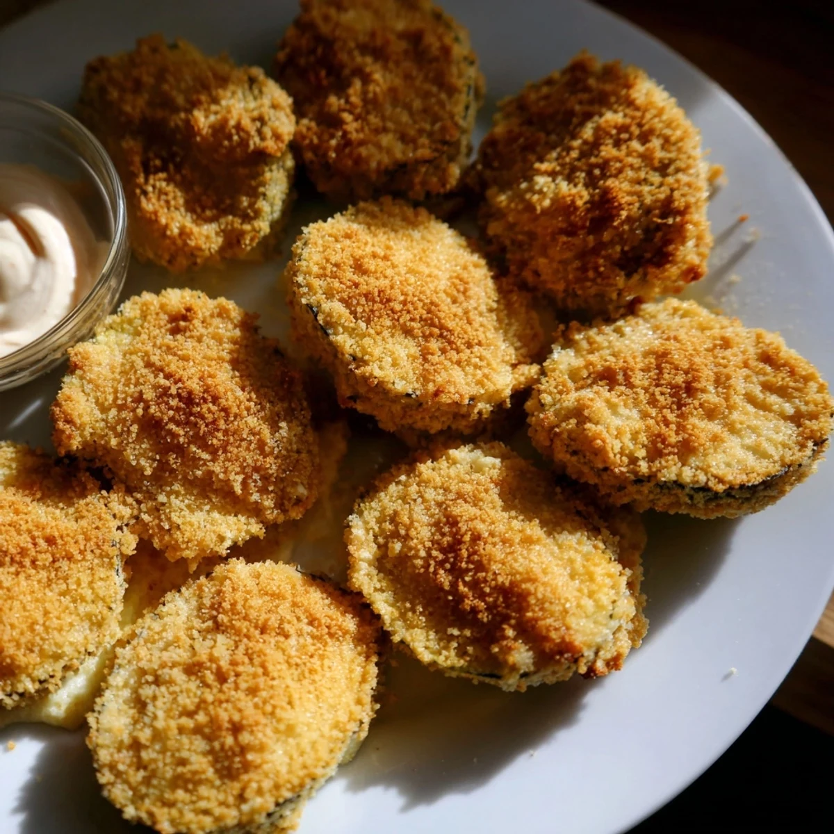 Golden, crispy baked zucchini rounds ready to be dipped, served with zesty spicy mayo.