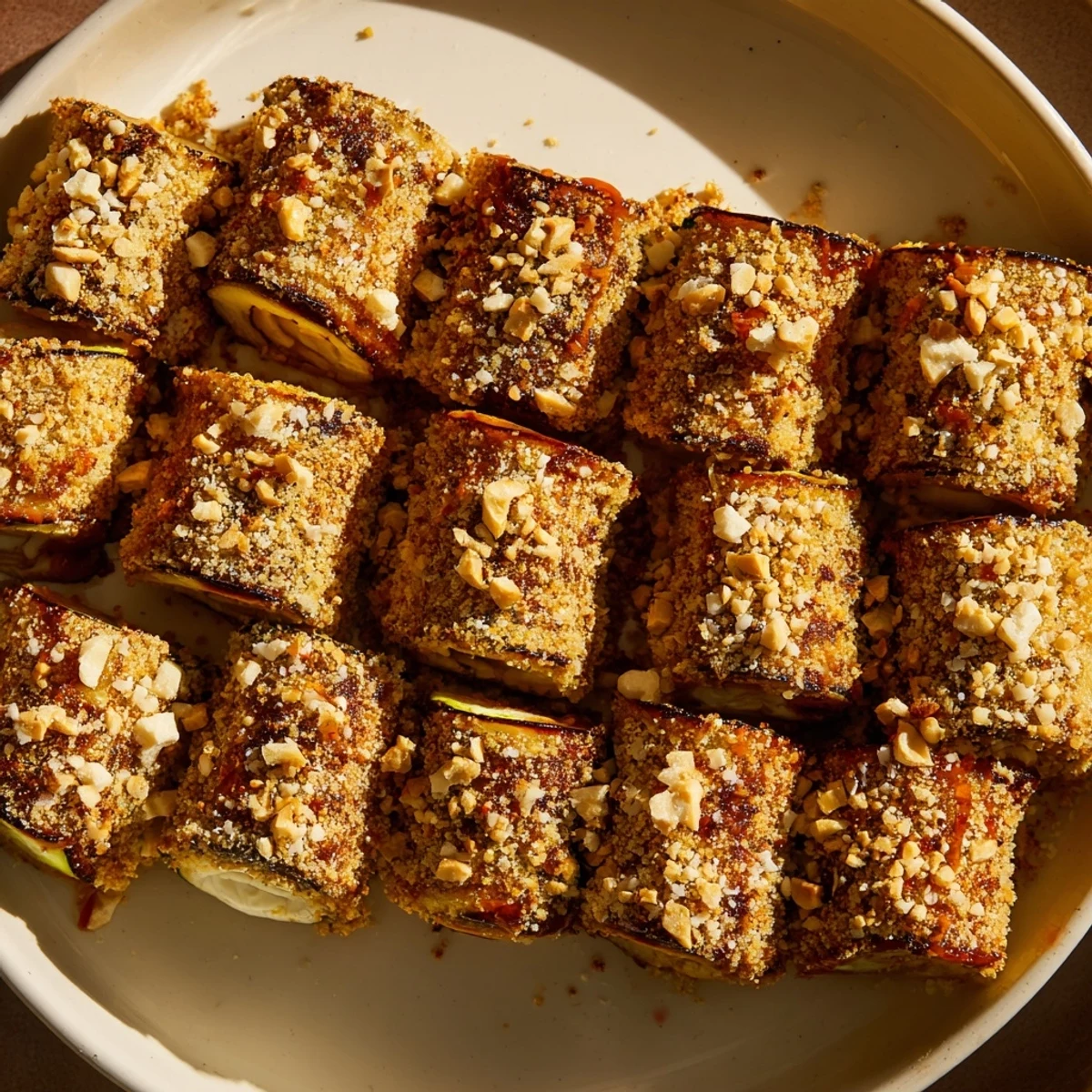 Close-up photo of crispy baked zucchini rounds, perfectly golden, offering a satisfying crunch.