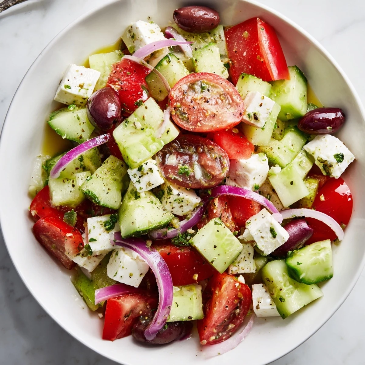Vibrant Fresh Mediterranean Salad with chickpeas, olives, and feta, ready to enjoy.