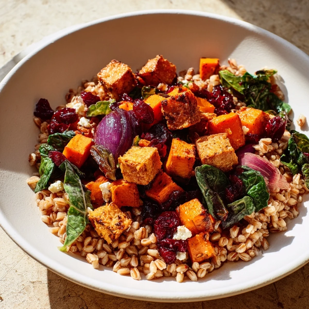 Harvest Grain Bowl with Roasted Pumpkin and Kale: a colorful bowl with glistening roasted pumpkin and fresh, vibrant kale.