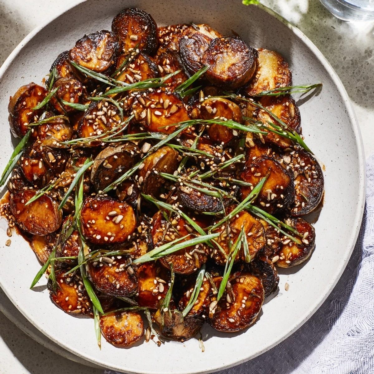 Freshly roasted, vibrant Honey-Soy Glazed Brussels Sprouts with sesame seeds and green onions, a delightful side dish.