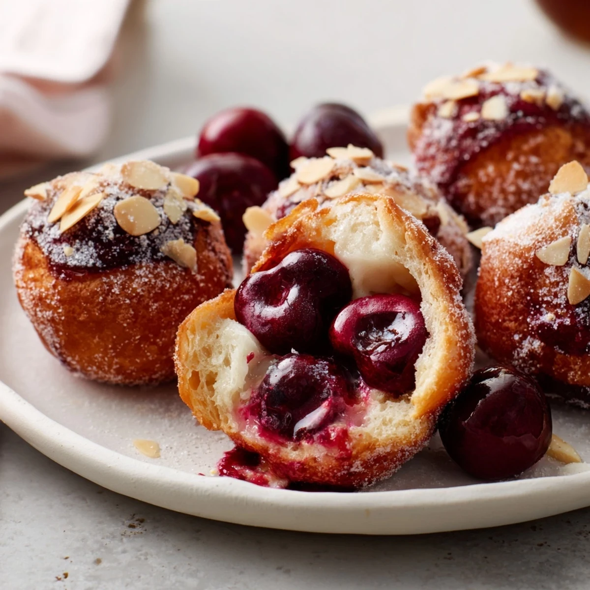 A close-up of a warm Rustic Cherry and Vanilla Almond Galette revealing a flaky, buttery crust studded with almonds.