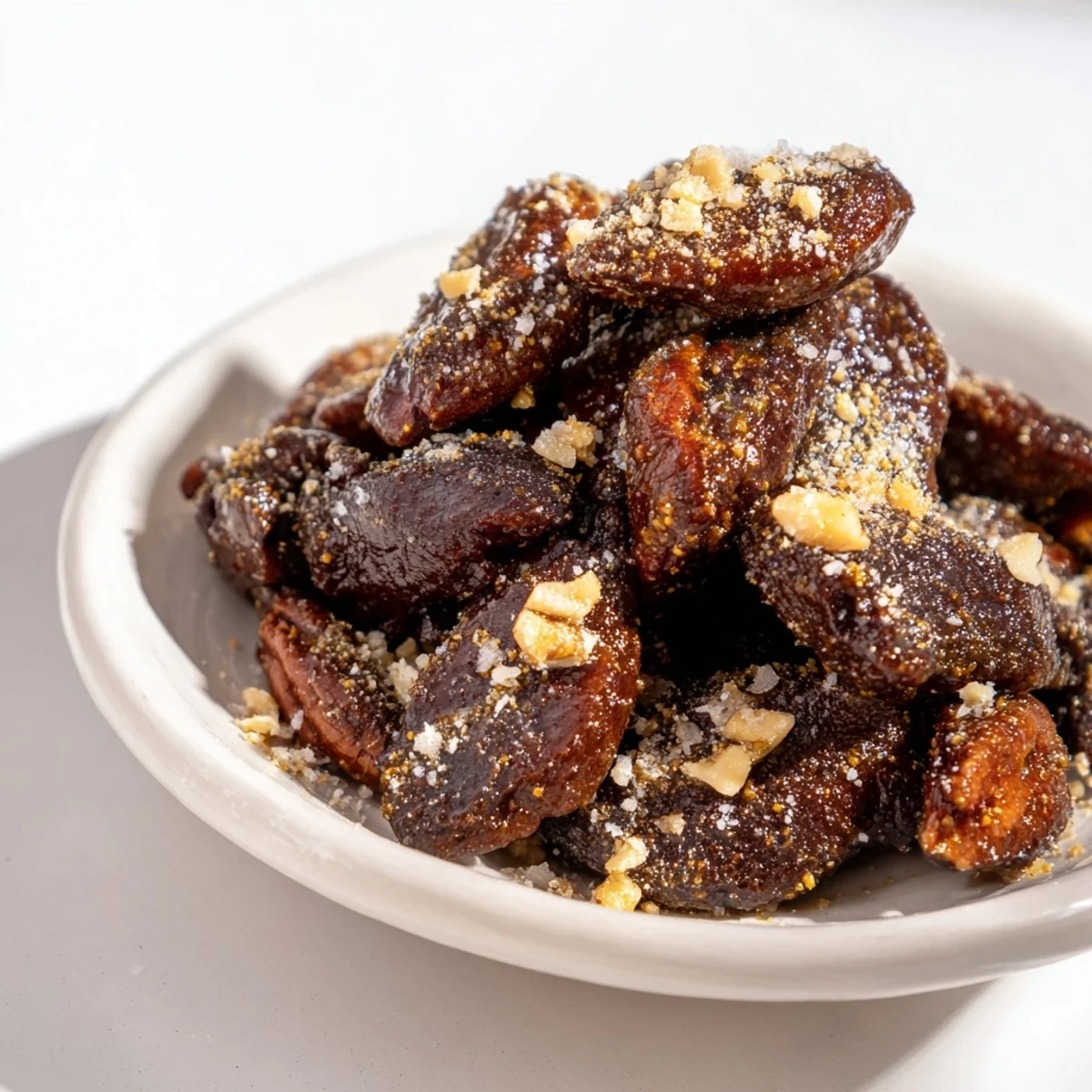 Golden-brown Simple Garlic-Honey Roasted Pecans, glistening with a sticky, savory glaze and ready to be enjoyed.