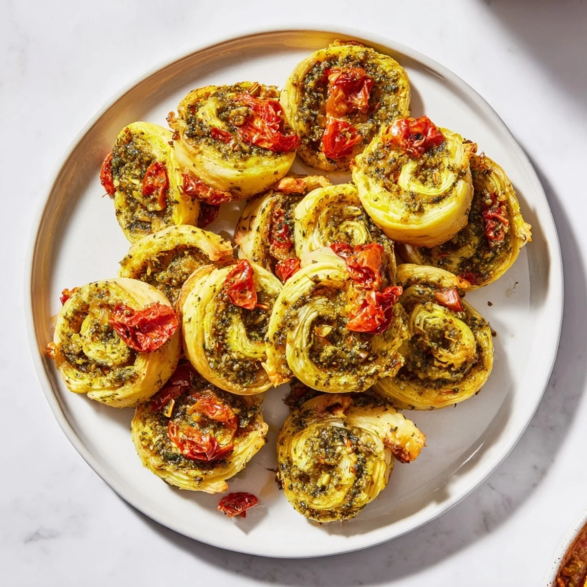Golden-brown Savory Sun-Dried Tomato and Pesto Palmiers, perfect for a sophisticated appetizer.