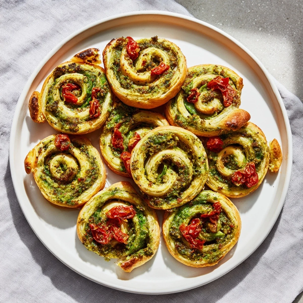 Delectable, spiral-shaped Savory Sun-Dried Tomato and Pesto Palmiers, ready to be enjoyed as a party snack.