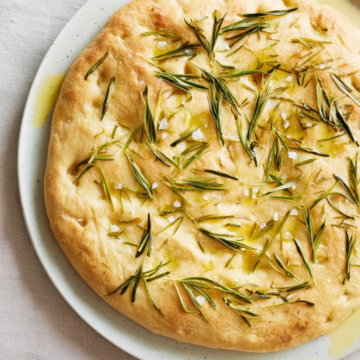 Golden, crusty simple homemade focaccia topped with sea salt, rosemary, and drizzled olive oil.