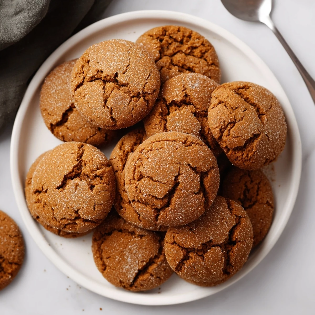 Freshly baked soft-baked ginger and molasses cookies, a warm, cozy treat with a sugar-crusted exterior.