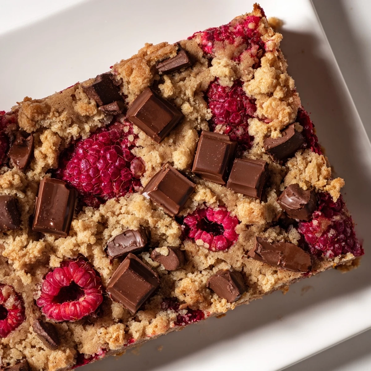 Golden, baked white chocolate and raspberry blondies, studded with juicy bites waiting to be eaten.