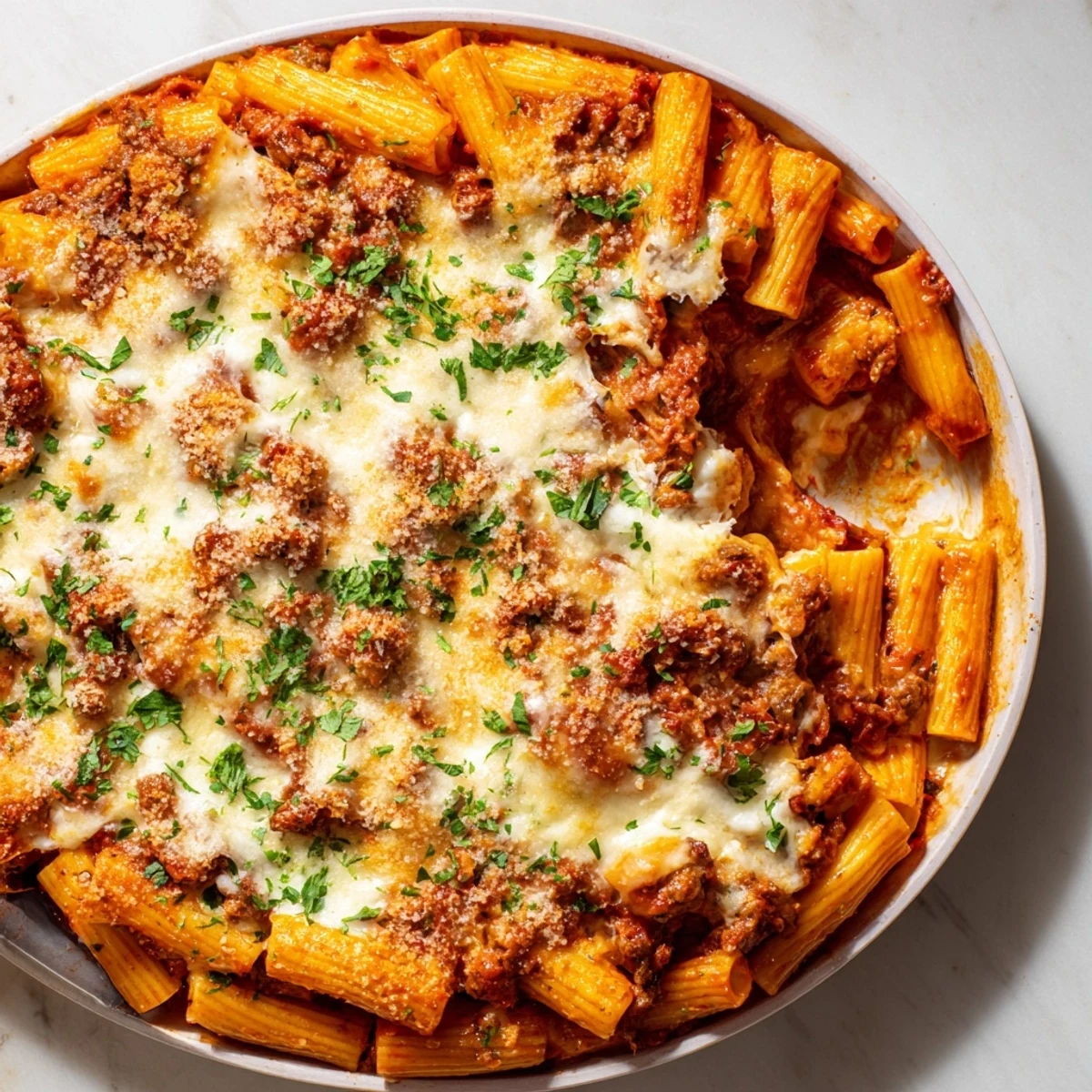 One-Dish Baked Ziti with Three Cheeses, bubbling hot, ready for serving after baking.