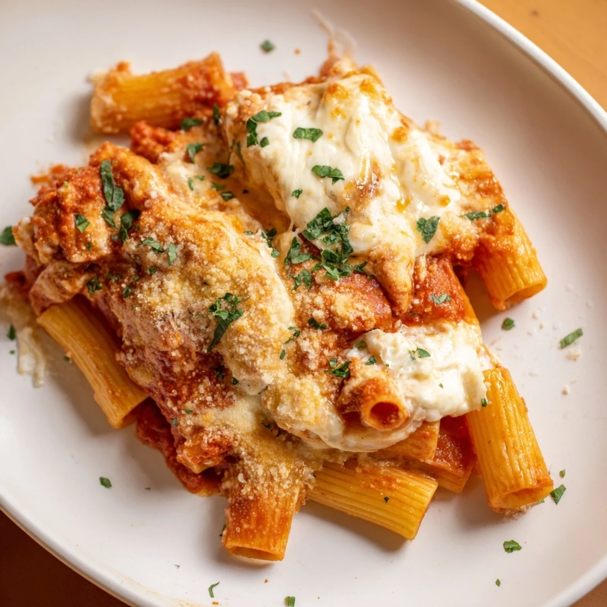 Golden melted mozzarella covers this comforting One-Dish Baked Ziti with Three Cheeses, a family favorite.