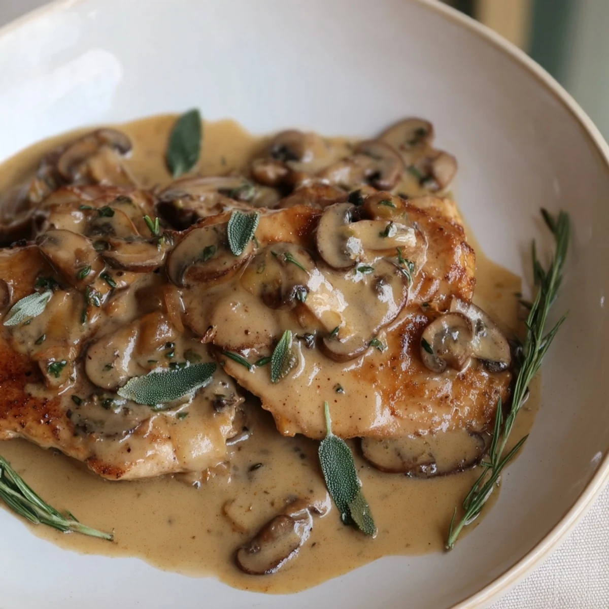 Close-up of the flavorful Skillet-Seared Chicken Breast, swimming in creamy, herb-flecked sauce.