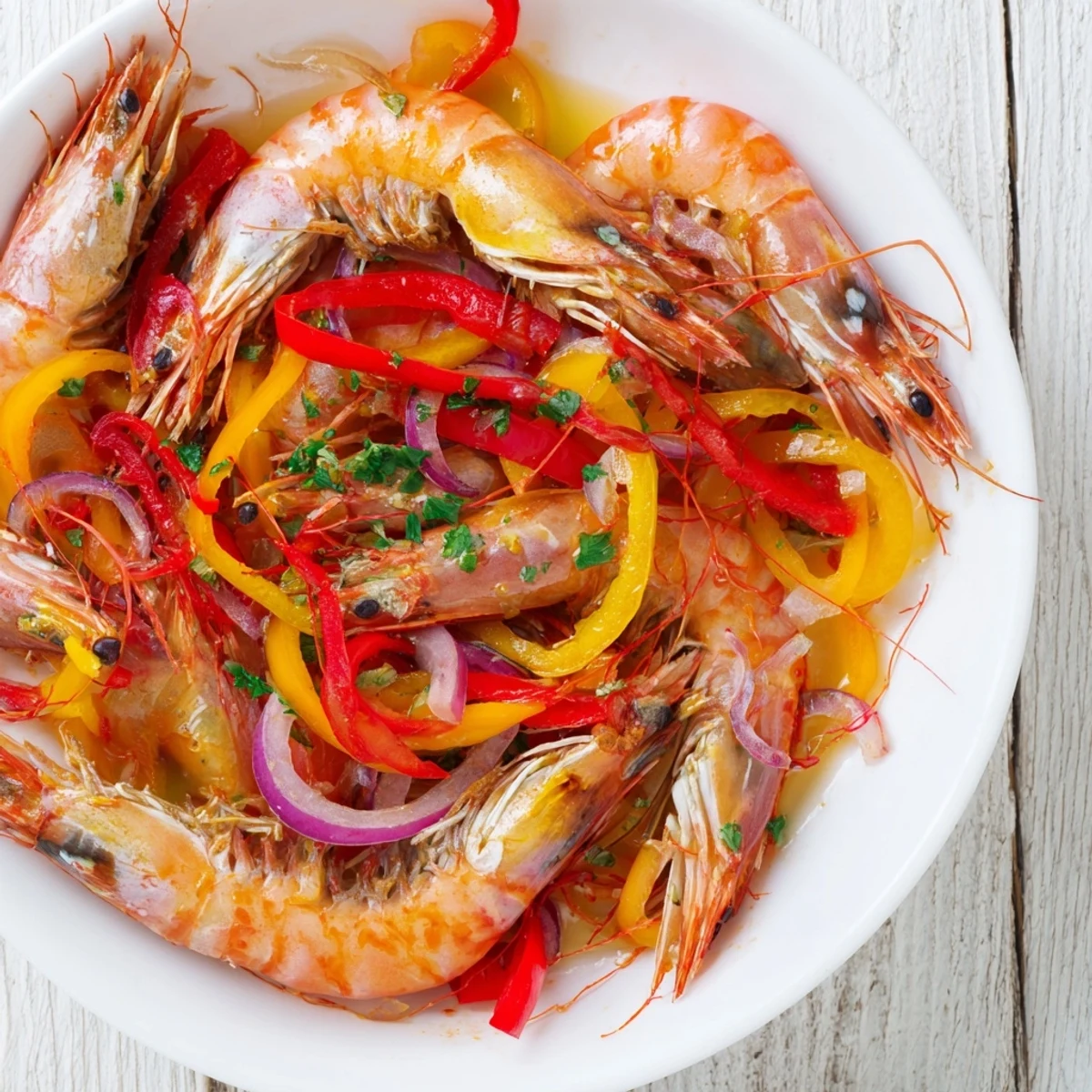 Sheet pan shrimp fajitas with colorful, roasted bell peppers, served with warm tortillas and fresh toppings.