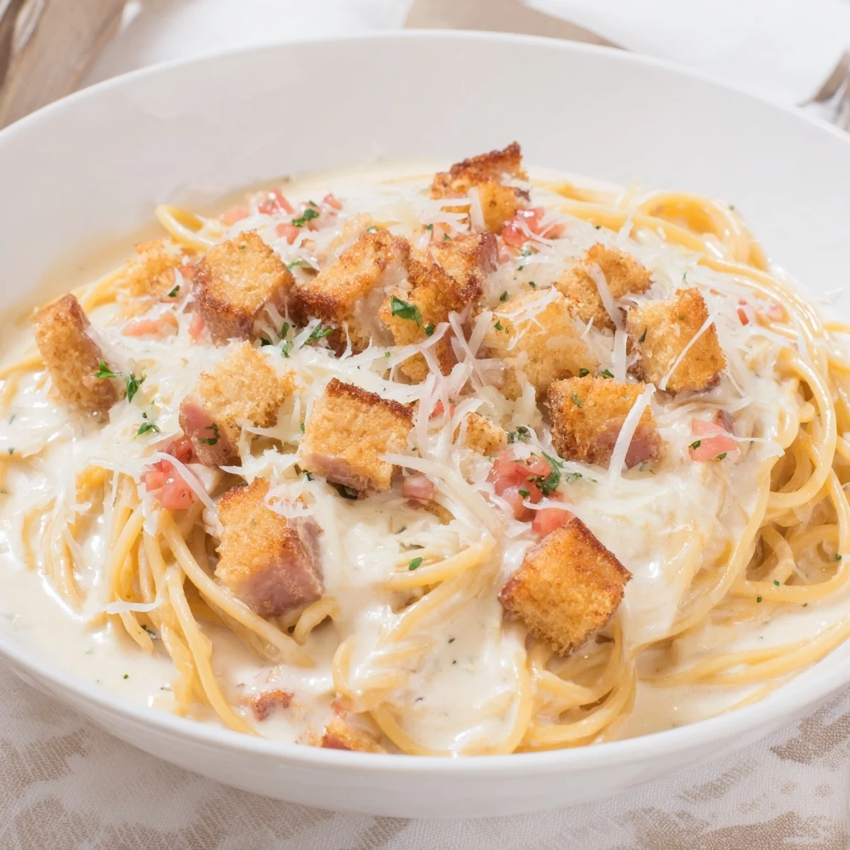 A plate of the best 15-Minute Creamy Carbonara: glistening pasta coated in a rich, cheesy sauce.