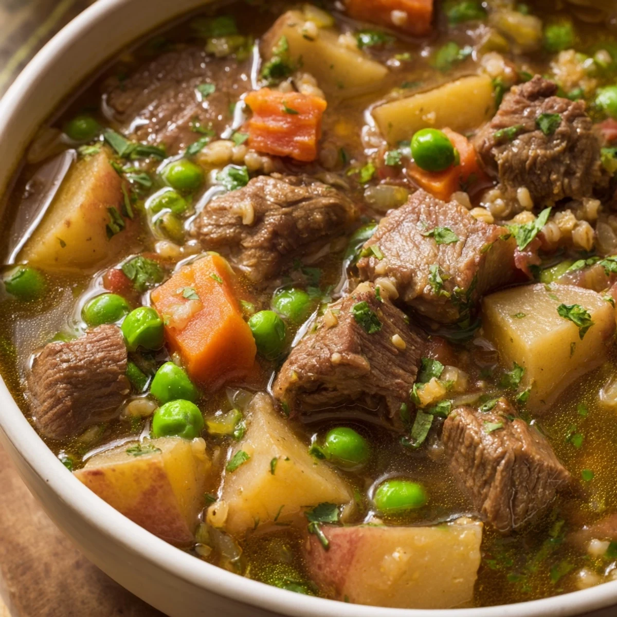 Steaming bowl of one-pot hearty beef and barley soup, showcasing tender beef and hearty barley.
