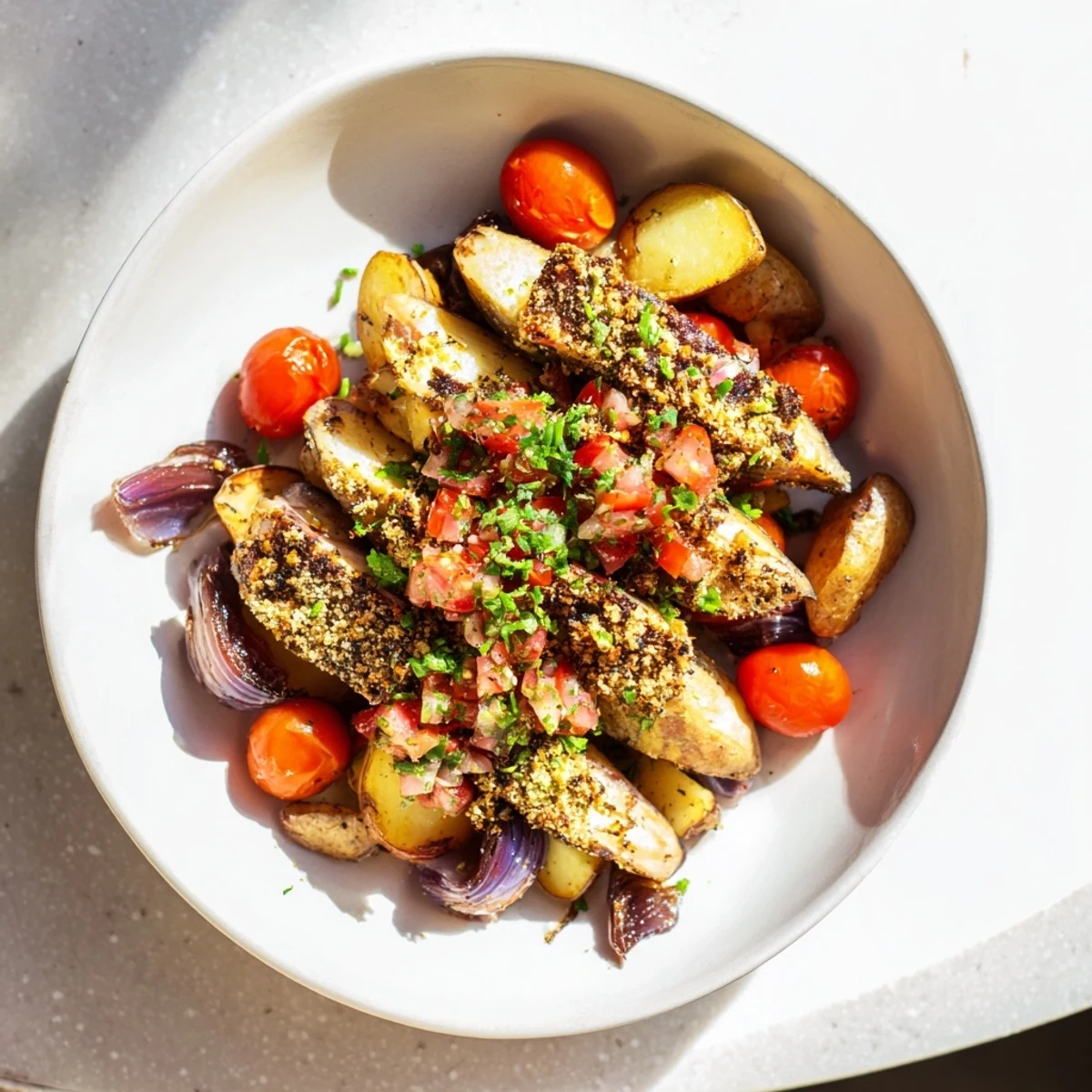 One-tray baked trout with vibrant herbs and lemon, perfect for a flavorful, easy dinner.
