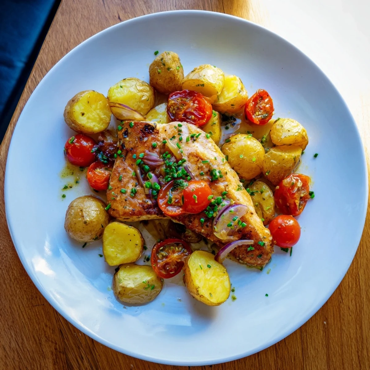 Juicy one-tray baked trout with roasted vegetables and crispy skin, ready to serve immediately.