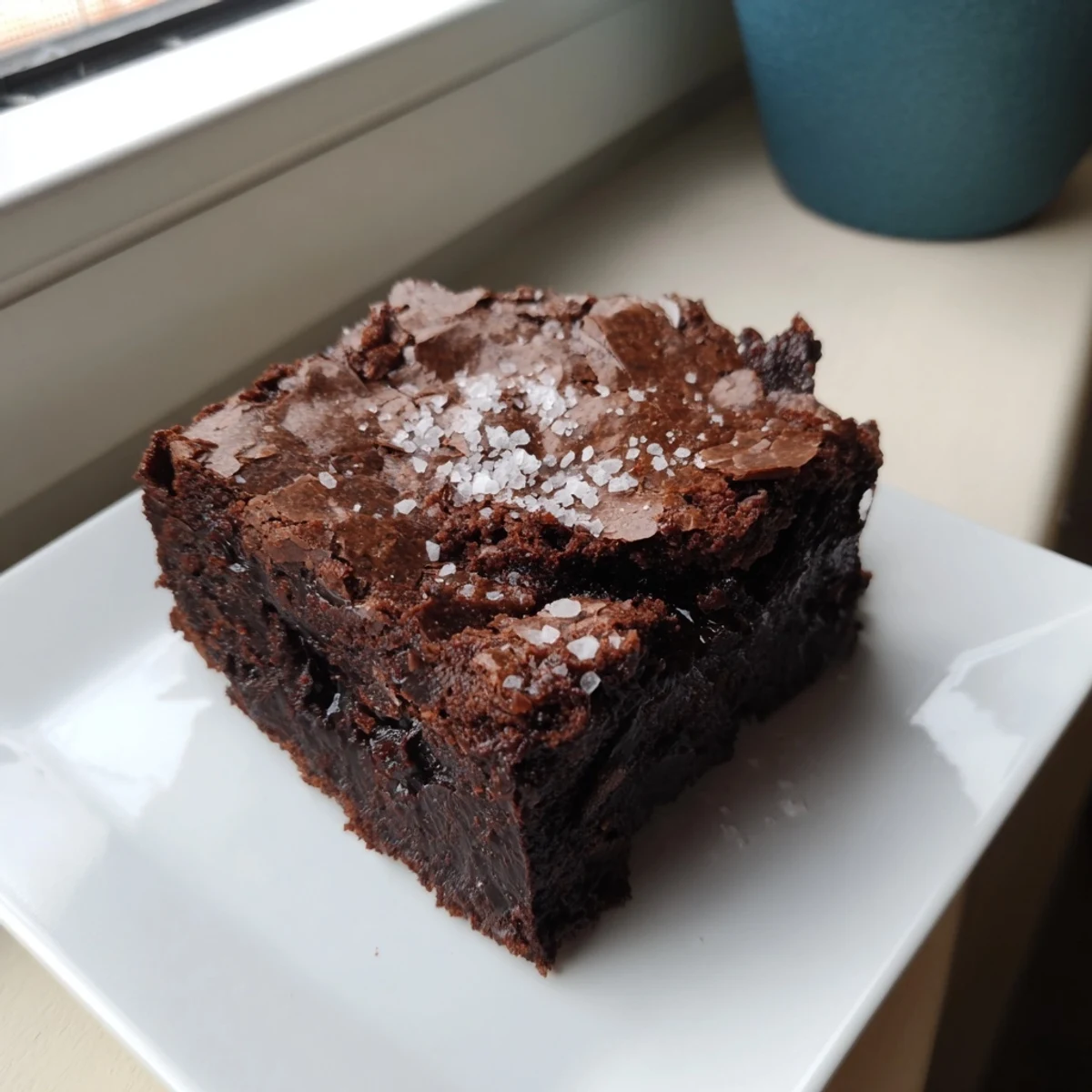 Warm, gooey Homemade Dark Chocolate and Sea Salt Brownies, ready to serve with a scoop of vanilla ice cream.