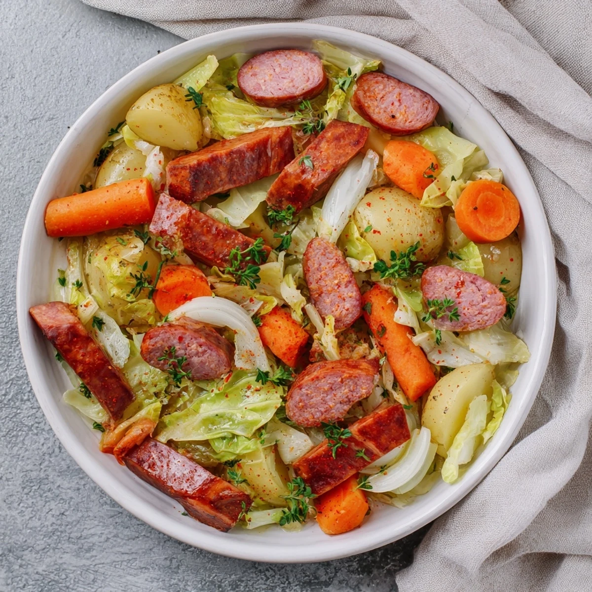 Golden-brown All-in-One Pan Sausage and Cabbage Bake, featuring tender vegetables and juicy sausage pieces.