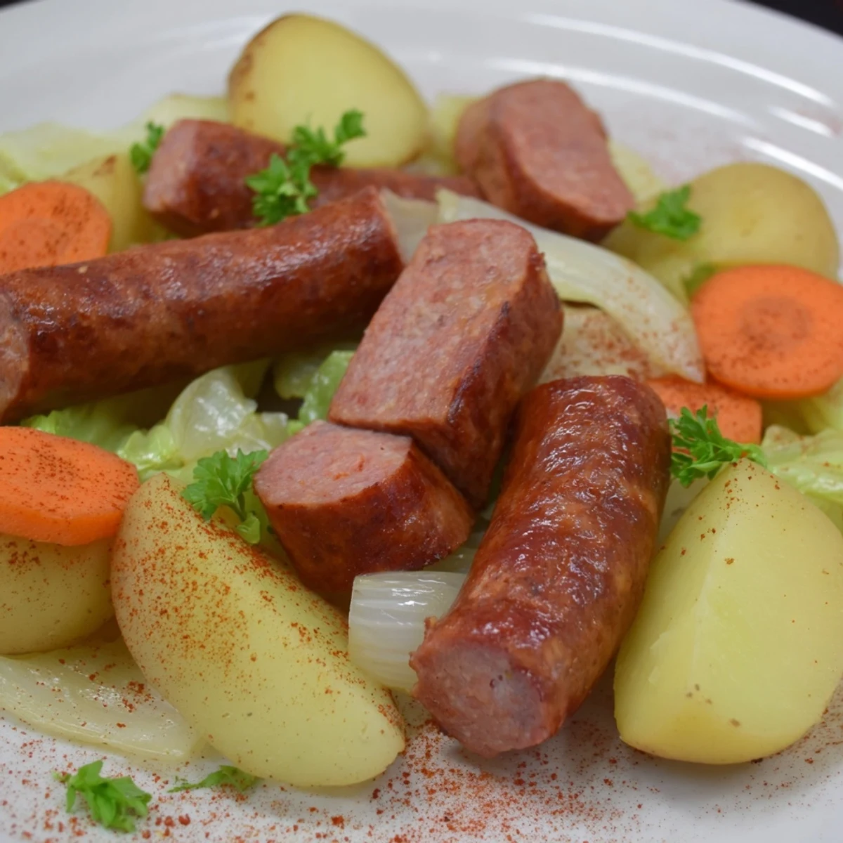 Sizzling close-up of a pan of All-in-One Sausage and Cabbage Bake, with a delicious, roasted aroma.
