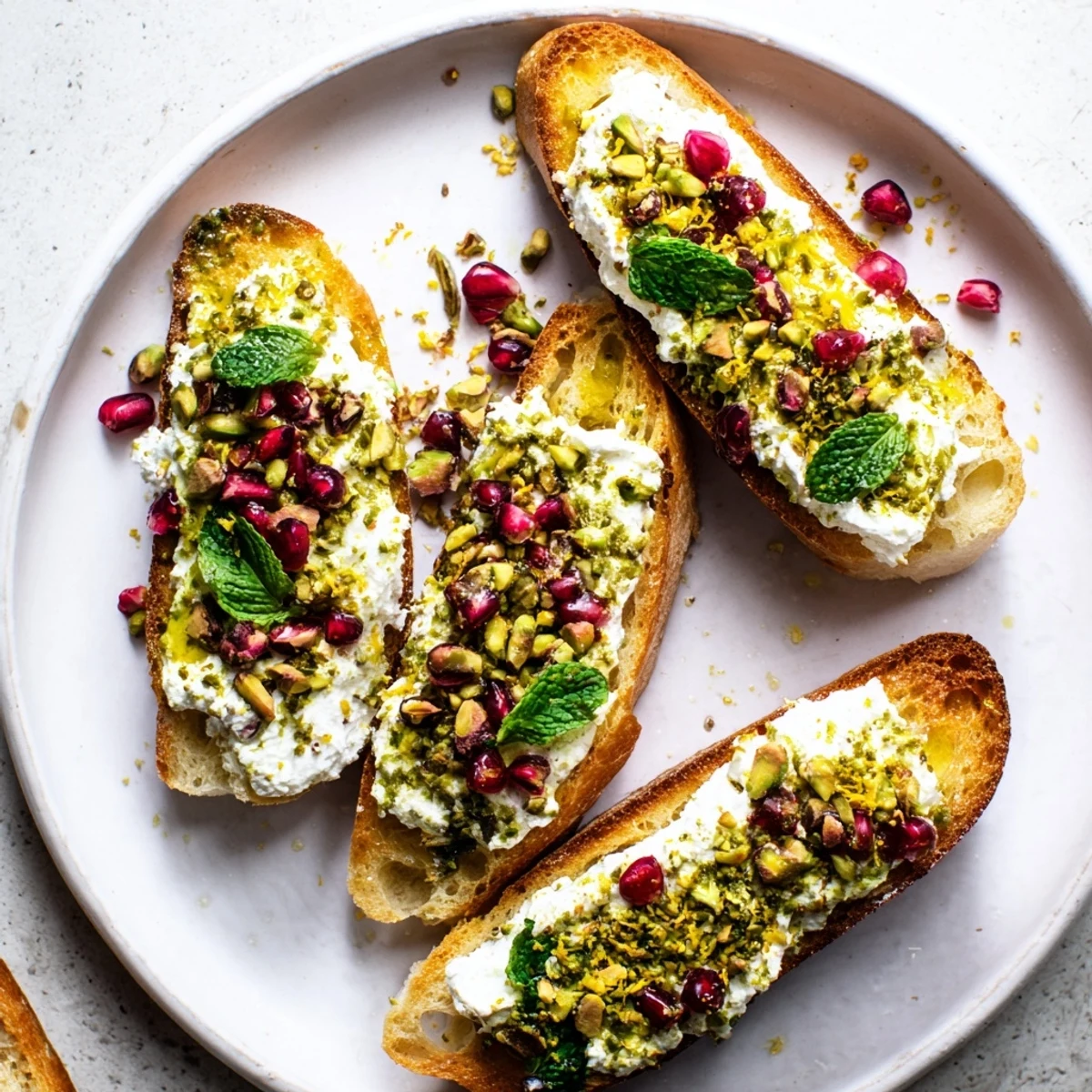 Crisp, golden Festive Pomegranate and Goat Cheese Crostini topped with vibrant red pomegranate and creamy goat cheese.