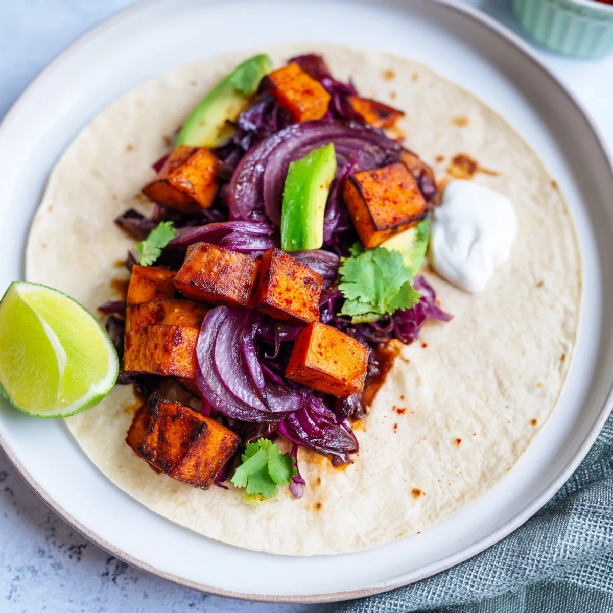 Quick Sweet Potato and Black Bean Tacos, bursting with colorful roasted vegetables and creamy avocado.