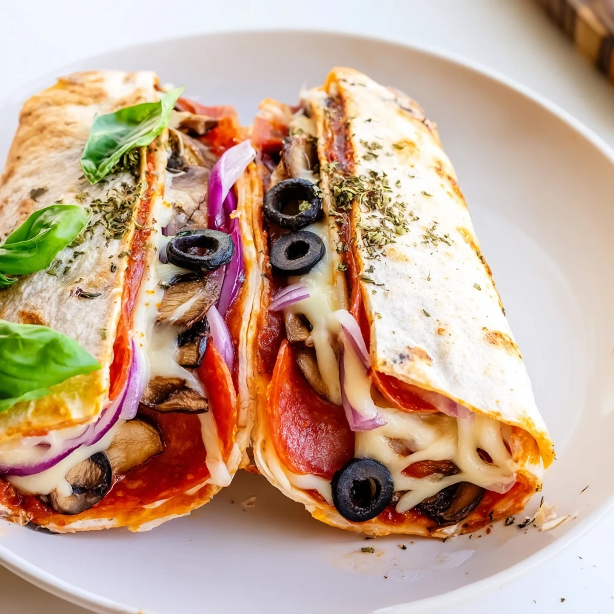 Golden, melty cheesy tortilla pizza wrap, filled with pepperoni and pizza toppings, ready to enjoy.