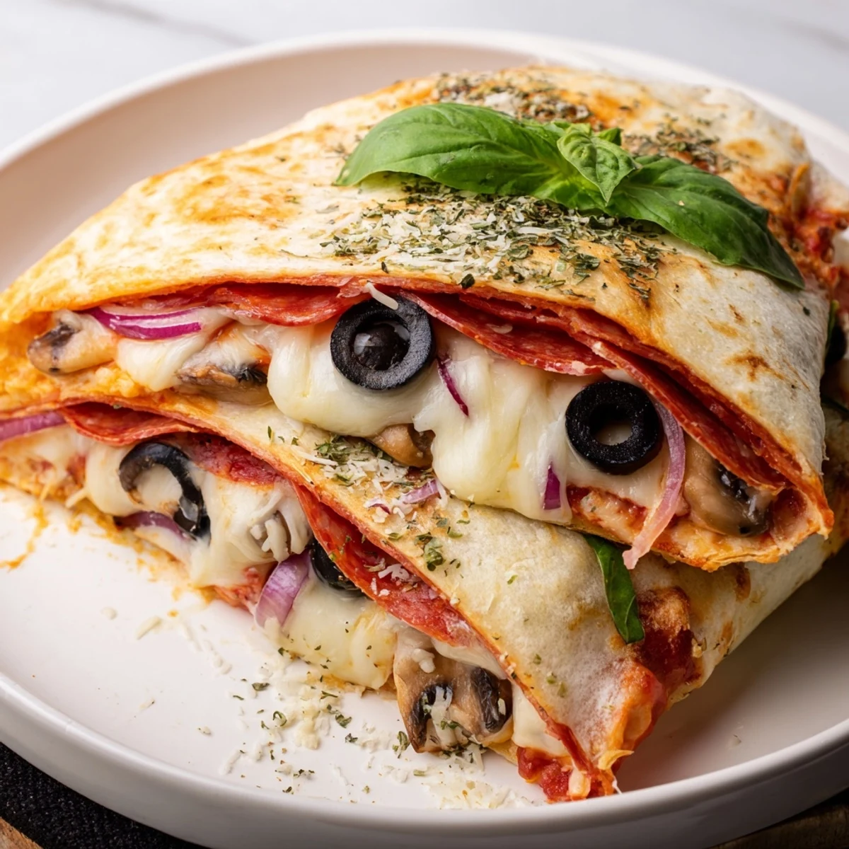 Crispy-edged cheesy tortilla pizza wrap, featuring bubbling mozzarella and fresh basil, a quick lunch.