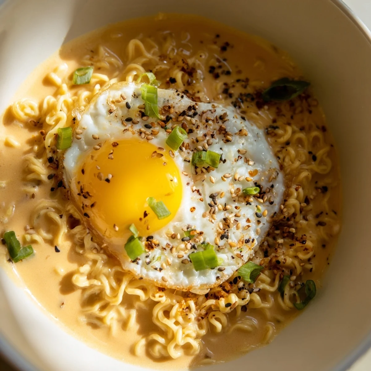 Creamy Instant Cheese Ramen Bowl, featuring a soft-poached egg and green onion garnish, ready to eat.