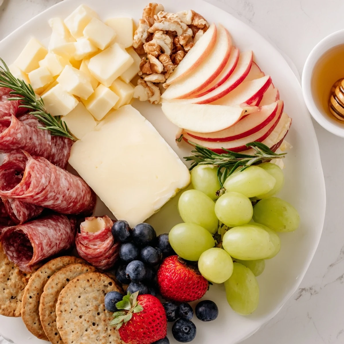Quick charcuterie snack board with colorful cheeses, meats, fruits, and crackers presented for sharing.