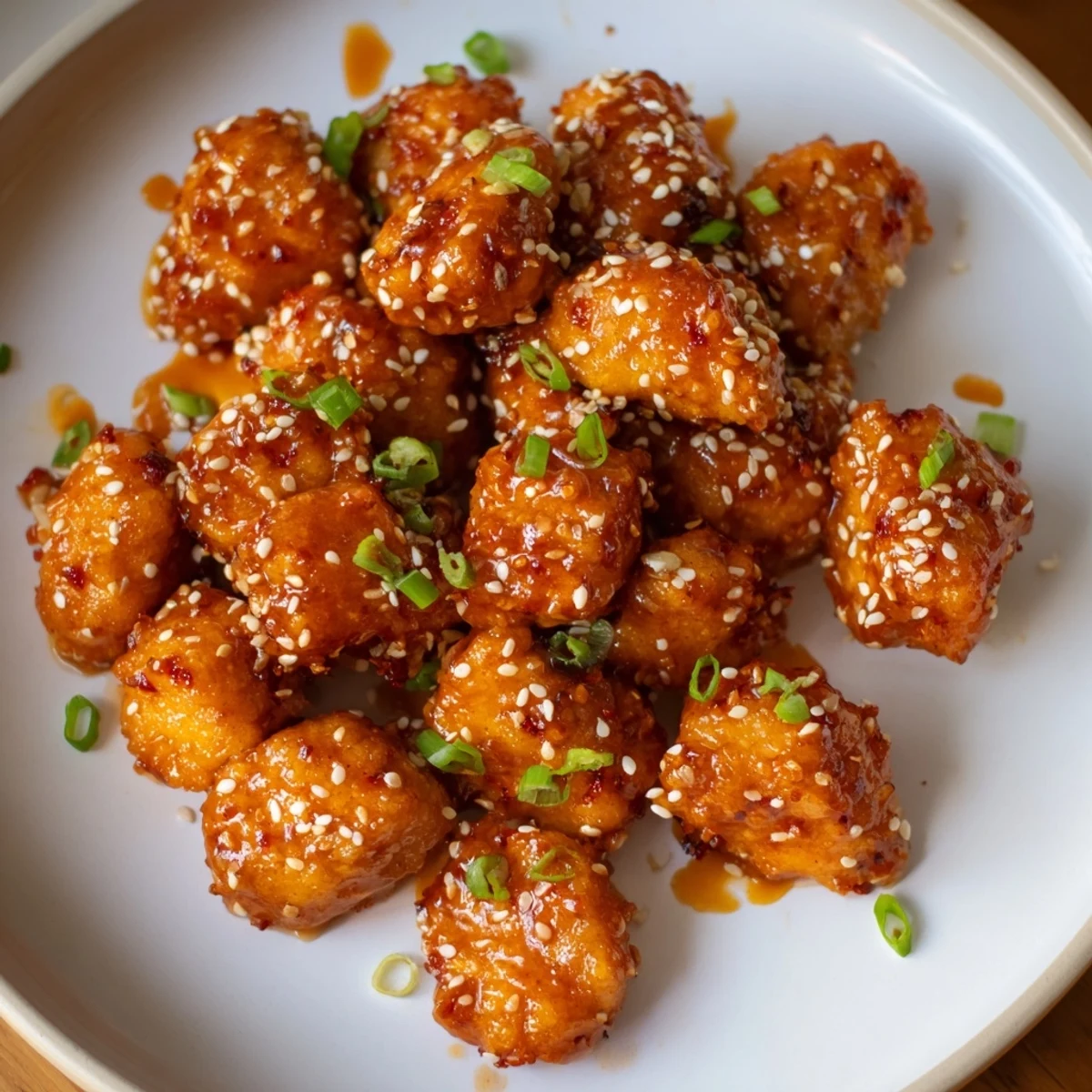 Golden, crispy Honey-Sriracha Chicken Bites glistening, ready on a platter for sharing, coated in flavorful sauce.