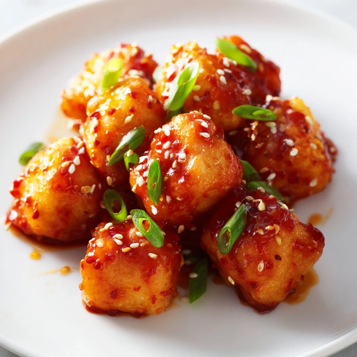 Close-up of sticky-sweet Honey-Sriracha Chicken Bites, with sesame seeds and chives, a flavorful Asian-American fusion.