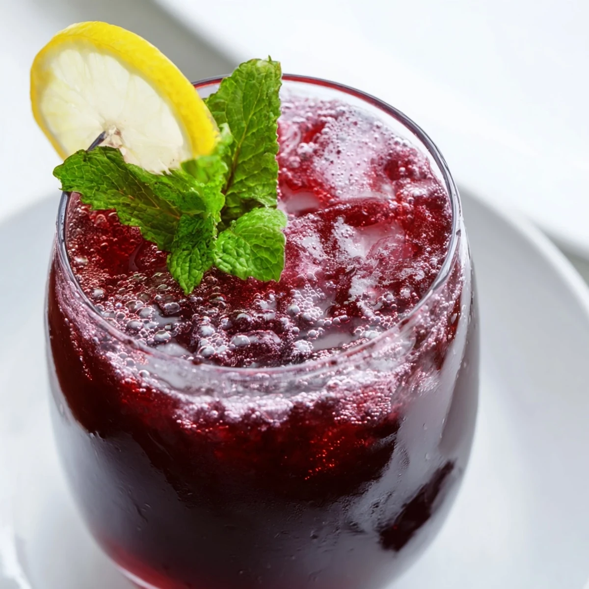 Vibrant red Sleepy Girl Cherry Mocktail with ice, promising a sweet and soothing vegan beverage.
