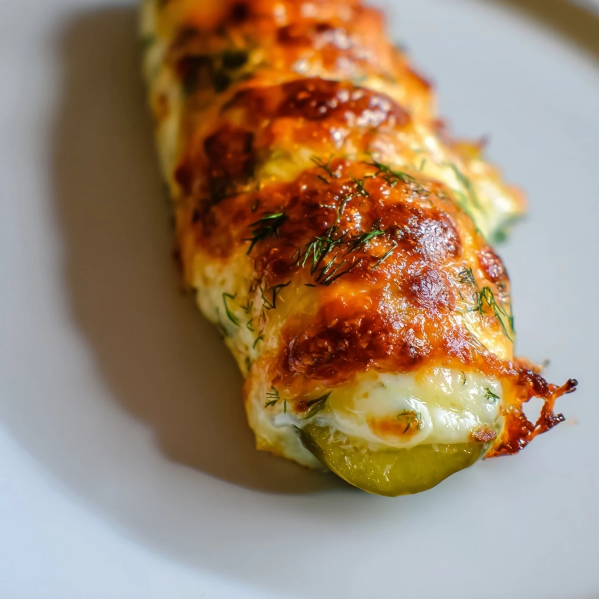Melted cheese pickle rolls, a golden-brown snack with melty cheese and tangy pickle centers.
