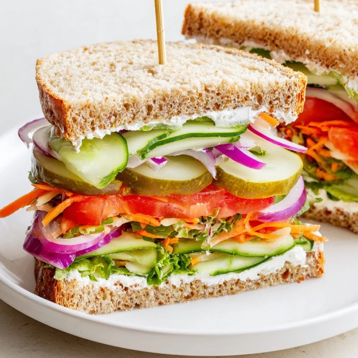 A close-up of a stacked Crunchy Dill Pickle Sandwich revealing layers of fresh, crisp ingredients.