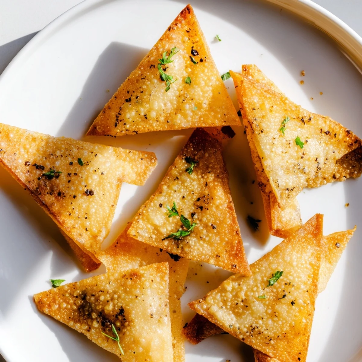Golden, crunchy crispy garlic lumpia chips ready to serve with a simple dipping sauce.
