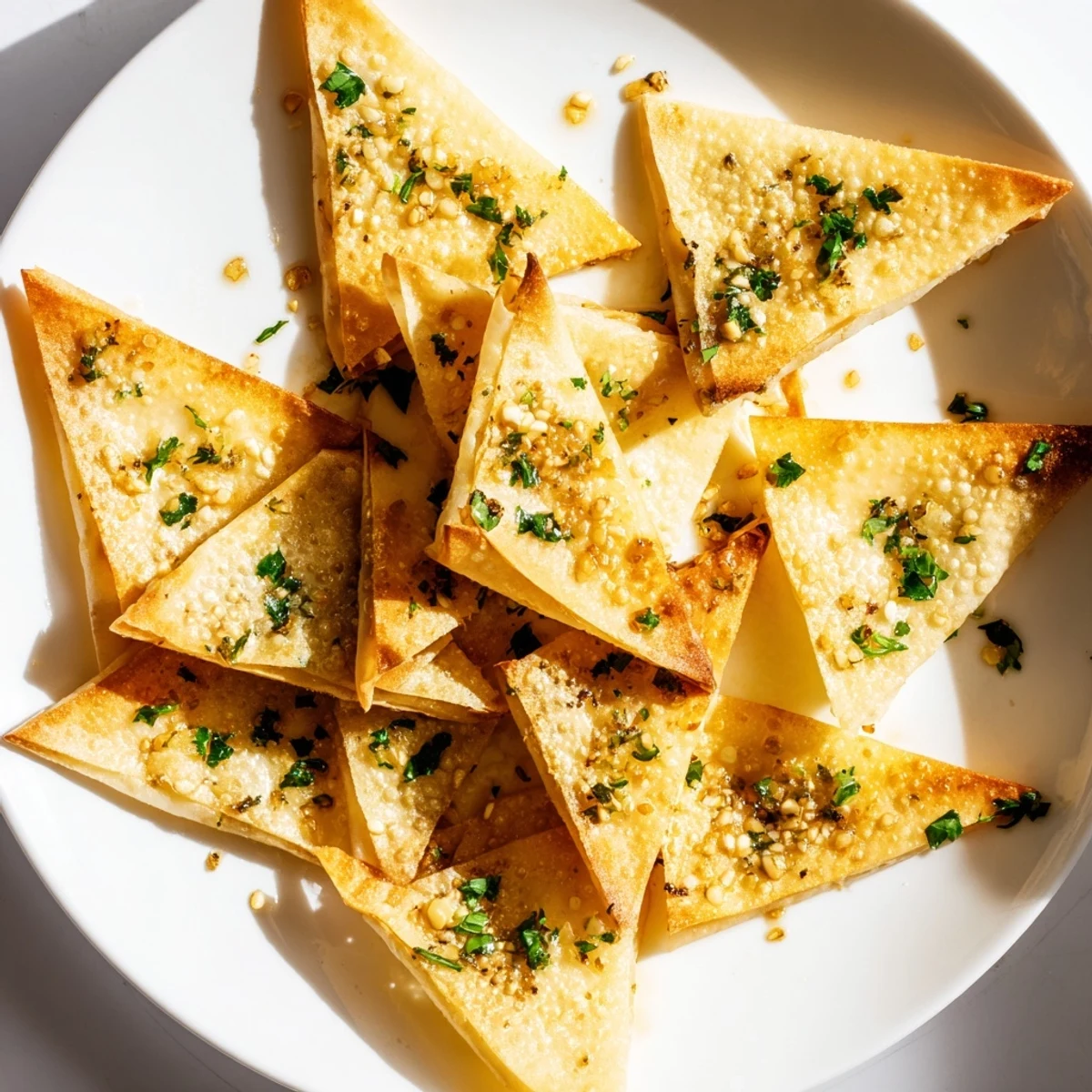 Close-up of freshly air-fried crispy garlic lumpia chips, showcasing golden, textured surfaces.