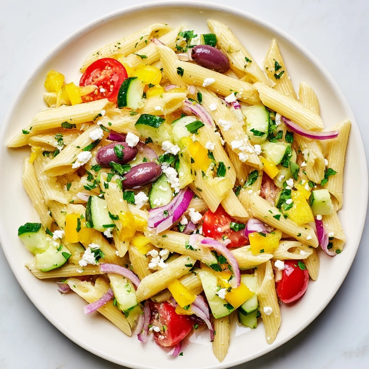 Vibrant lemon pasta salad with juicy tomatoes, cucumber, and creamy feta cheese, ready for serving.