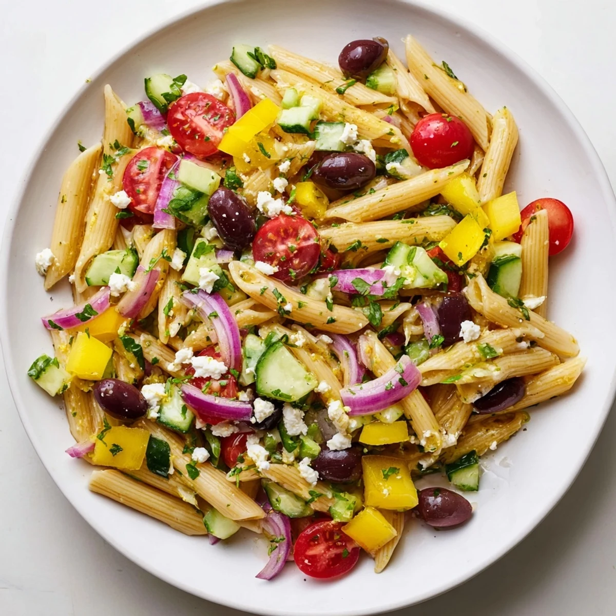 Close-up of a colorful lemon pasta salad, showcasing fresh herbs and a zesty, flavorful dressing.