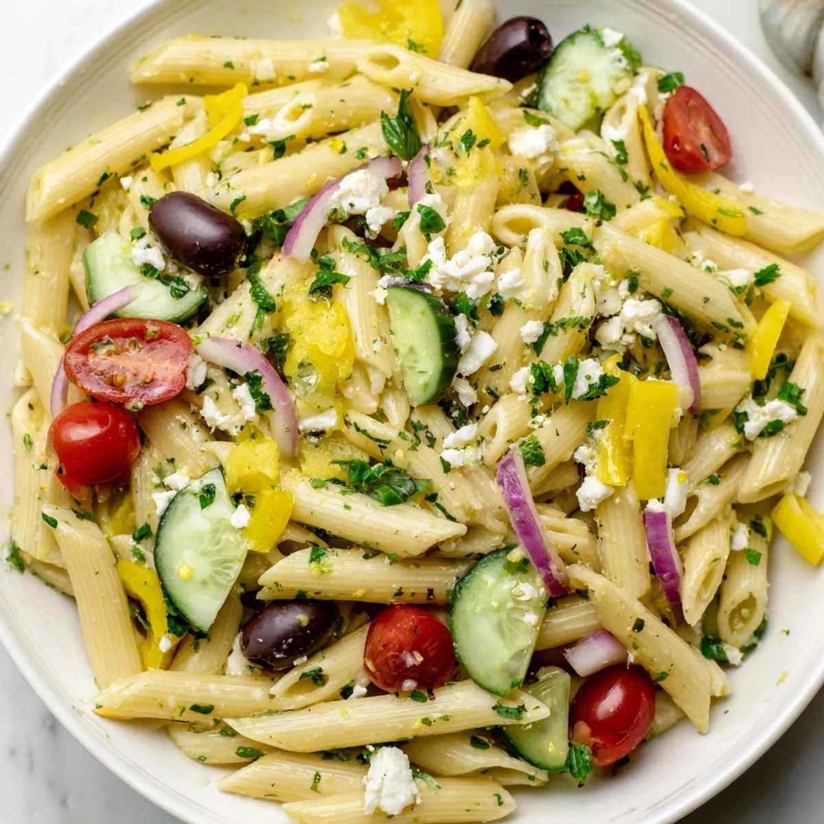 Cool, refreshing lemon pasta salad with a bright lemon dressing, perfect for a summer picnic lunch.