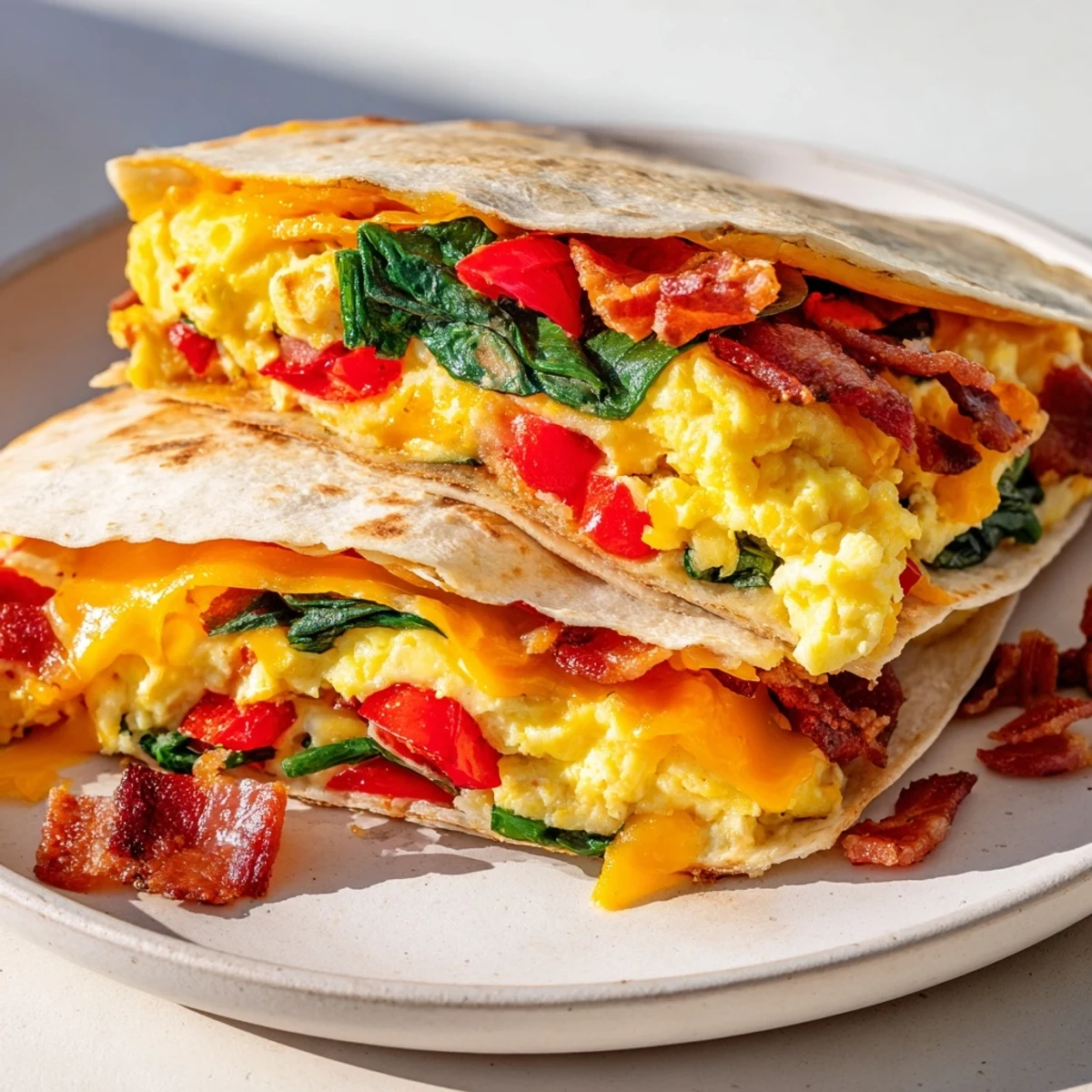 Golden-brown folded Breakfast Quesadilla, overflowing with melty cheese and fluffy scrambled eggs, ready to eat.