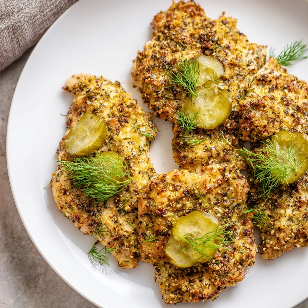 Golden, oven-baked Pickle Ranch Chicken with crispy edges, ready to serve with fresh dill.