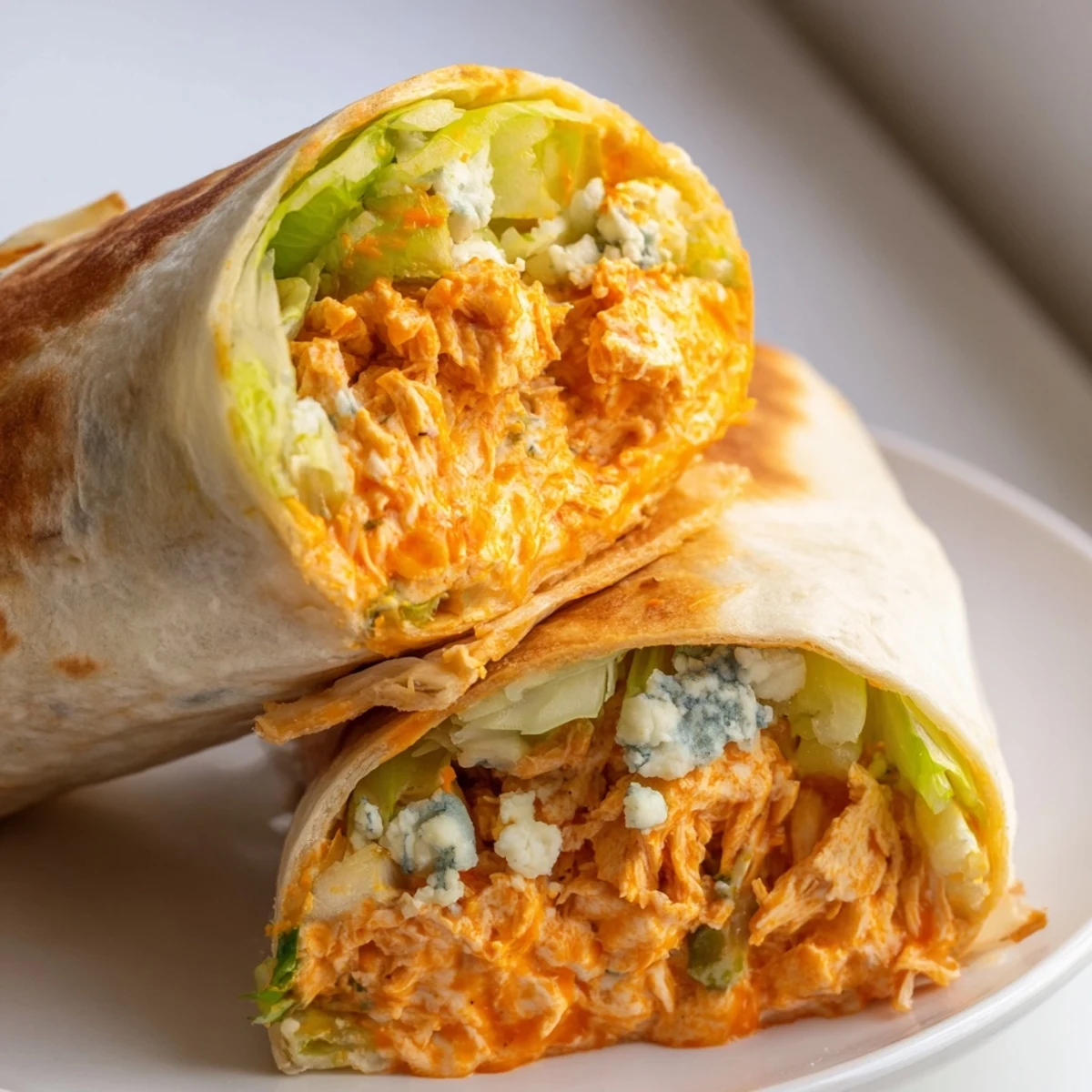 A close-up of a perfectly grilled Buffalo Chicken Dip Wrap, showing the delicious, melty cheese inside.