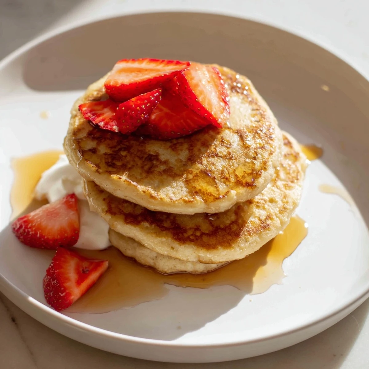 Golden-brown protein banana pancakes stacked high, ready to be enjoyed for a quick and easy breakfast.