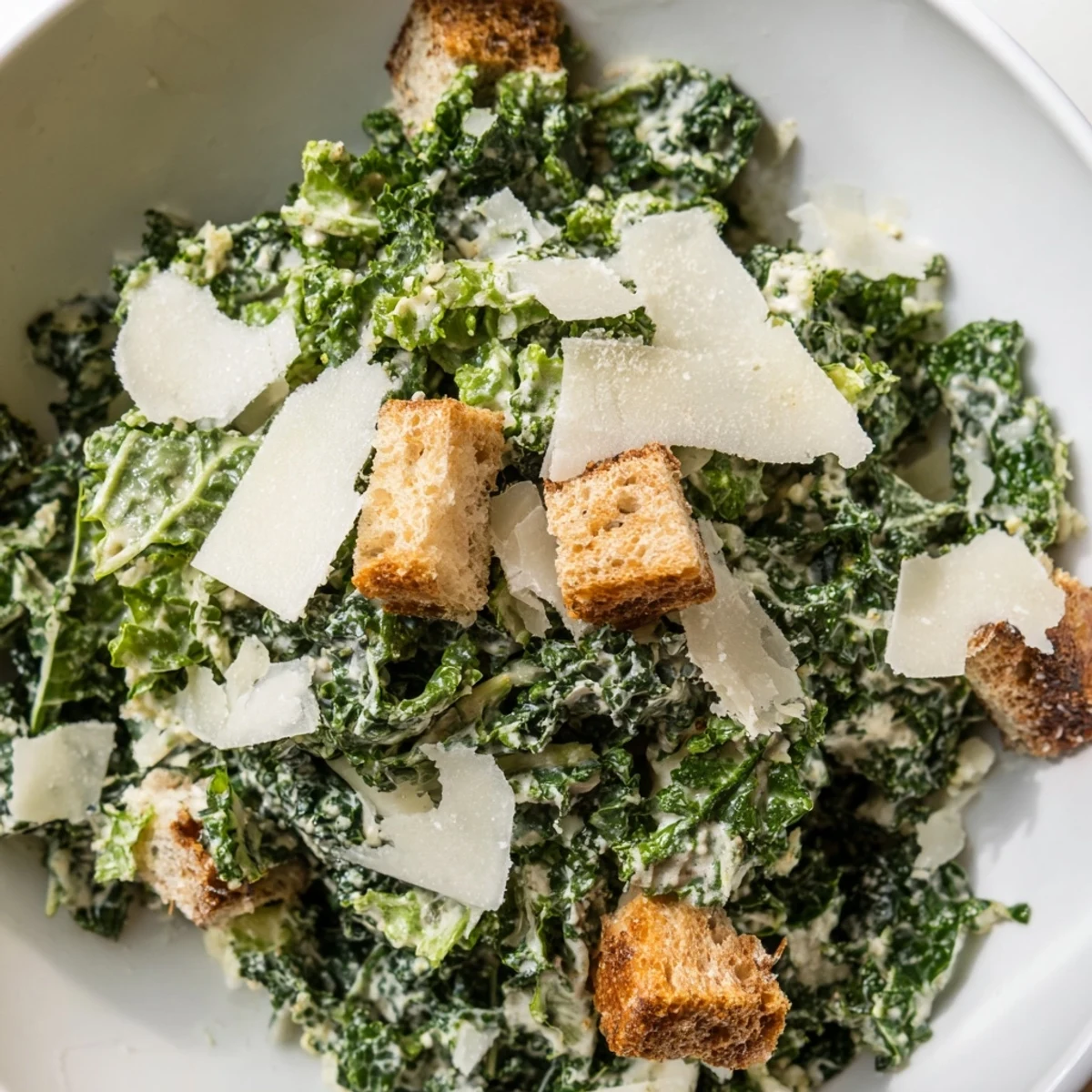 Fresh kale Caesar salad with a creamy dressing, crunchy croutons, and Parmesan shavings.