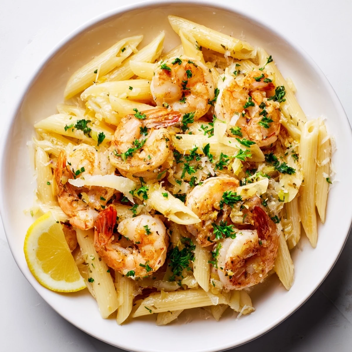 Golden, glistening Garlic Shrimp Penne, served piping hot with fresh parsley and Parmesan.