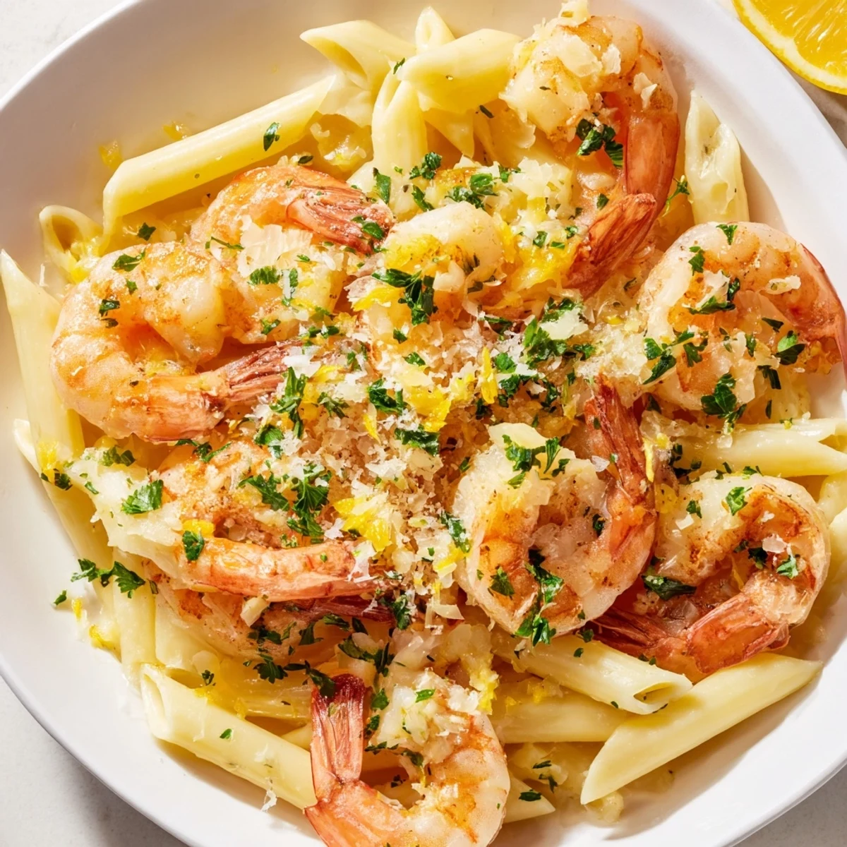 Steaming bowl of Garlic Shrimp Penne; pasta and shrimp coated in a luscious garlic sauce.