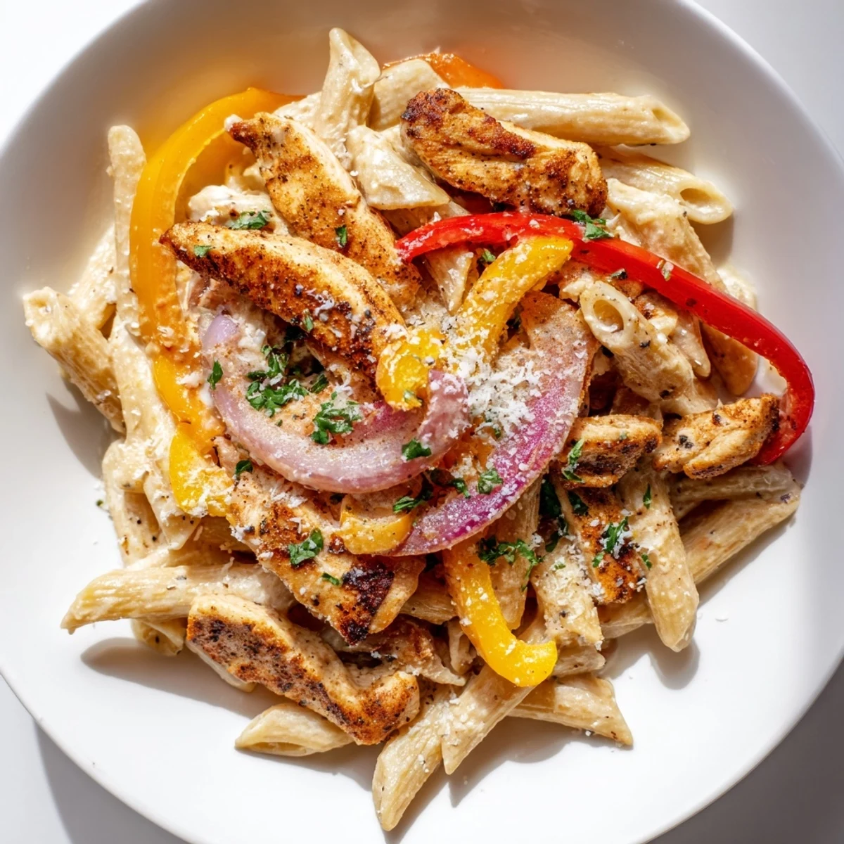Creamy Cajun Chicken Pasta with tender chicken, vibrant peppers, and a rich, cheesy sauce.