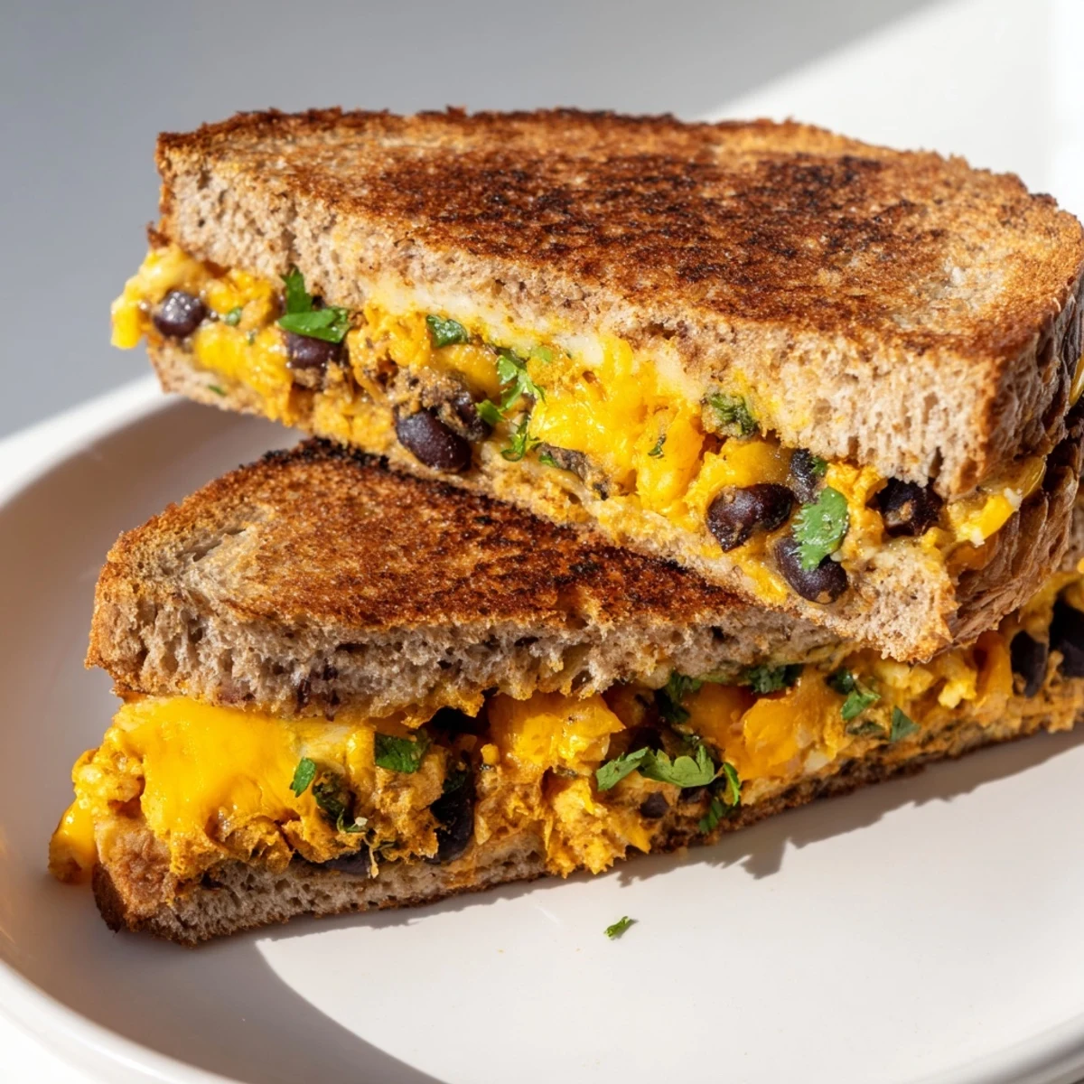 Golden-brown Black Bean Grilled Cheese, oozing with melted cheese and savory black beans, ready to eat.