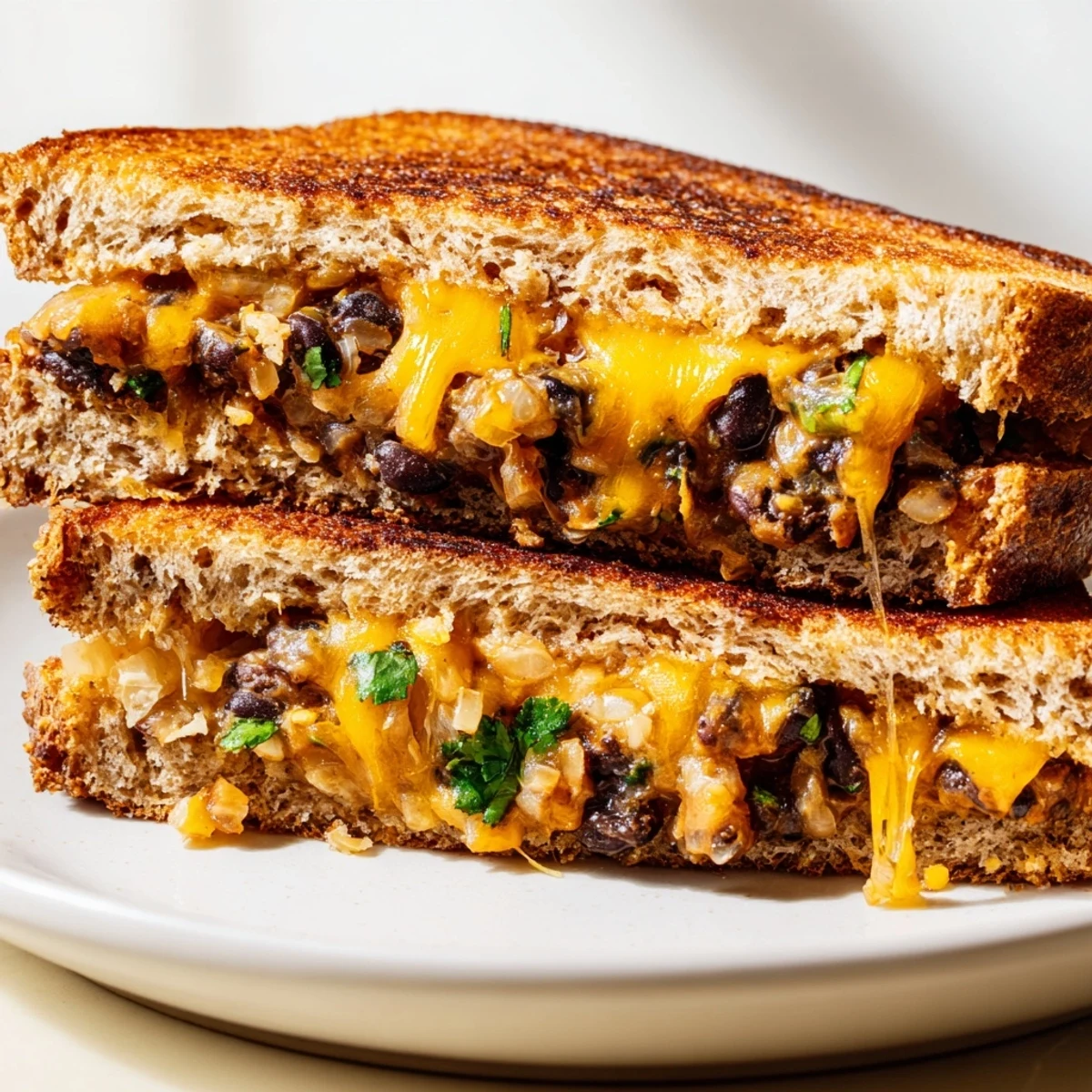 A close-up of a perfectly grilled Black Bean Grilled Cheese, showcasing the crispy bread and filling.